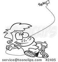 Cartoon Black and White Line Drawing of a Boy Flying a Kite - 2 by Toonaday