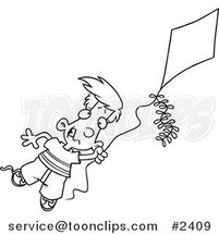 Cartoon Black and White Line Drawing of a Boy Flying a Kite - 1 by Toonaday