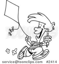 Cartoon Black and White Line Drawing of a Boy Flying a Kite - 3 by Toonaday