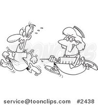 Cartoon Black and White Line Drawing of a Nurse Chasing a Patient with a Needle by Toonaday