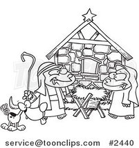 Cartoon Black and White Line Drawing of Children Acting out a Nativity Scene by Toonaday