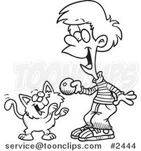 Cartoon Black and White Line Drawing of a Boy Playing with a Kitten by Toonaday