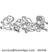 Cartoon Black and White Line Drawing of a Boy Chasing His Friends on His Trike by Toonaday