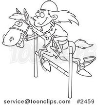 Cartoon Black and White Line Drawing of a Girl on a Leaping Horse by Toonaday