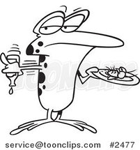 Cartoon Black and White Line Drawing of a Frog Putting Ketchup on a Fly by Toonaday