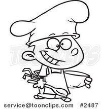 Cartoon Black and White Line Drawing of a Happy Chef Boy Holding a Mixing Bowl by Toonaday