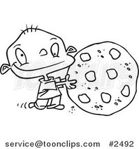 Cartoon Black and White Line Drawing of a Toddler Rolling a Large Chocolate Chip Cookie by Toonaday