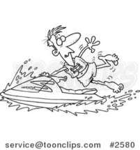 Cartoon Black and White Line Drawing of a Guy Hanging onto a Jetski by Toonaday