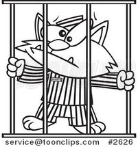 Cartoon Black and White Line Drawing of a Prisoner Cat by Toonaday