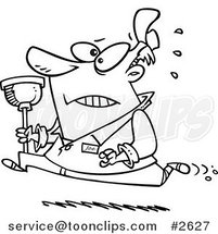 Cartoon Black and White Line Drawing of a Plumber Running with a Plunger by Toonaday