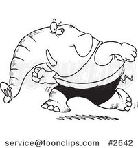 Cartoon Black and White Line Drawing of a Jogging Elephant by Toonaday