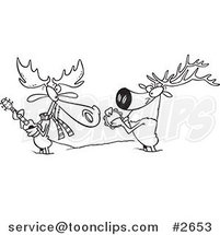 Cartoon Black and White Line Drawing of a Moose and Elk Jamming in the Snow by Toonaday
