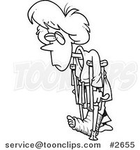 Cartoon Black and White Line Drawing of a Judo Lady with Crutches by Toonaday