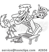 Cartoon Black and White Line Drawing of a Salesman Popping out of a Computer and Marketing a Product by Toonaday