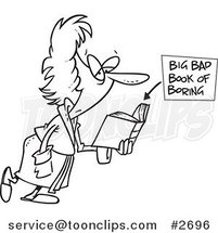 Cartoon Black and White Line Drawing of a Lady Reading a Boring Book by Toonaday