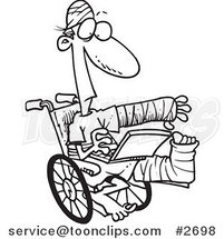 Cartoon Black and White Line Drawing of an Injured Guy Using a Laptop in a Wheelchair by Toonaday