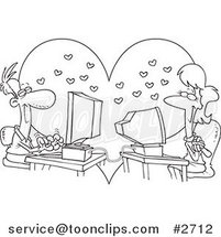 Cartoon Black and White Line Drawing of a Couple Meeting Online by Toonaday