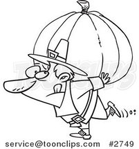 Cartoon Black and White Line Drawing of a Pilgrim Carrying a Heavy Pumpkin by Toonaday