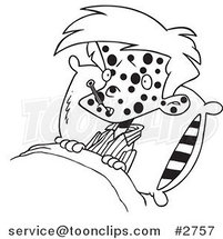 Cartoon Black and White Line Drawing of a Sick Spotted Boy in Bed with a Thermometer by Toonaday