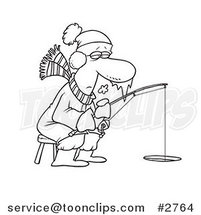 Cartoon Black and White Line Drawing of a Frozen Guy Ice Fishing by Toonaday