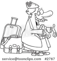 Cartoon Black and White Line Drawing of a Happy Auntie Greeting by Her Luggage by Toonaday