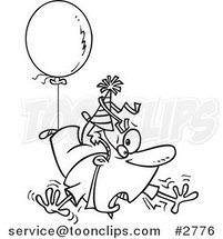 Cartoon Black and White Line Drawing of an Awry Guy Floating Away with a Party Balloon by Toonaday