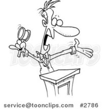Cartoon Black and White Line Drawing of a Loud Auctioneer by Toonaday