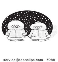 Cartoon Coloring Page Line Art of Two Alaskans in the Snow over a Black Oval by Toonaday