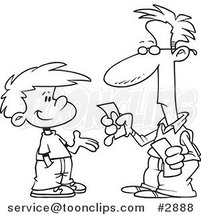 Cartoon Black and White Line Drawing of a Father Paying His Son Allowance by Toonaday