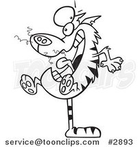 Cartoon Black and White Line Drawing of a Mad Cat Balanced on His Tail by Toonaday