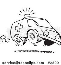 Cartoon Black and White Line Drawing of a Speeding Ambulance by Toonaday