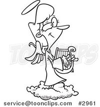 Cartoon Black and White Line Drawing of a Female Angel Playing a Lyre by Toonaday