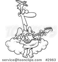Cartoon Black and White Line Drawing of an Angel Guy Playing a Guitar by Toonaday