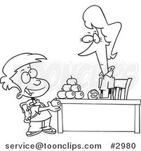 Cartoon Black and White Line Drawing of a School Boy Adding to the Pyramid of Apples on His Teacher's Desk by Toonaday
