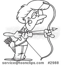 Cartoon Black and White Line Drawing of a Female Archer Aiming by Toonaday