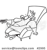 Cartoon Black and White Line Drawing of a Bored Guy Slumped in a Chair and Holding a Remote Control by Toonaday