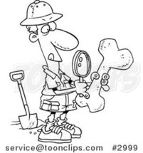 Cartoon Black and White Line Drawing of a Archaeologist Inspecting a Bone by Toonaday