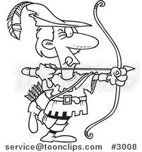 Cartoon Black and White Line Drawing of Robin Hood Aiming by Toonaday