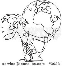 Cartoon Black and White Line Drawing of a Business Man Carrying a Burden Globe on His Back by Toonaday