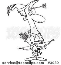 Cartoon Black and White Line Drawing of Robin Hood with an Arrow on His Forehead by Toonaday