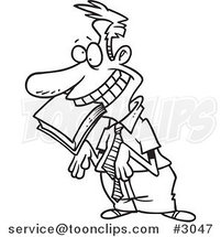 Cartoon Black and White Line Drawing of an Approval Seeking Employee with a Book in His Mouth by Toonaday