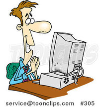 Pleased Cartoon Business Man Sitting in Front of a Computer by Toonaday