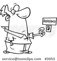 Cartoon Black and White Line Drawing of a Guy Pushing an Assistance Button by Toonaday