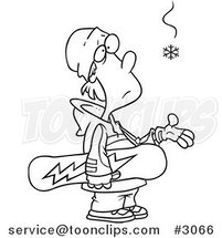 Cartoon Black and White Line Drawing of an Eager Snowboarder Waiting for Snow by Toonaday