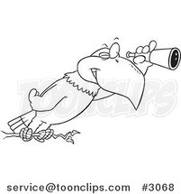 Cartoon Black and White Line Drawing of an Eagle Using a Telescope by Toonaday