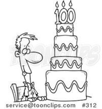 Coloring Page Line Art of a Hungry Cartoon Guy Drooling over a 100 Birthday Cake by Toonaday
