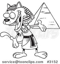 Cartoon Black and White Line Drawing of an Egyptian Cat Presenting a Pyramid by Toonaday