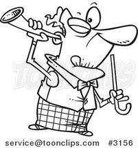 Cartoon Black and White Line Drawing of an Old Guy Holding a Trumpet up to His Ear by Toonaday