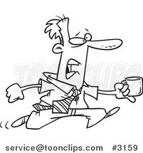 Cartoon Black and White Line Drawing of a Business Man Running with a Cup of Coffee by Toonaday