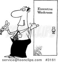Cartoon Black and White Line Drawing of a Business Man Holding the Key to an Executive Washroom by Toonaday